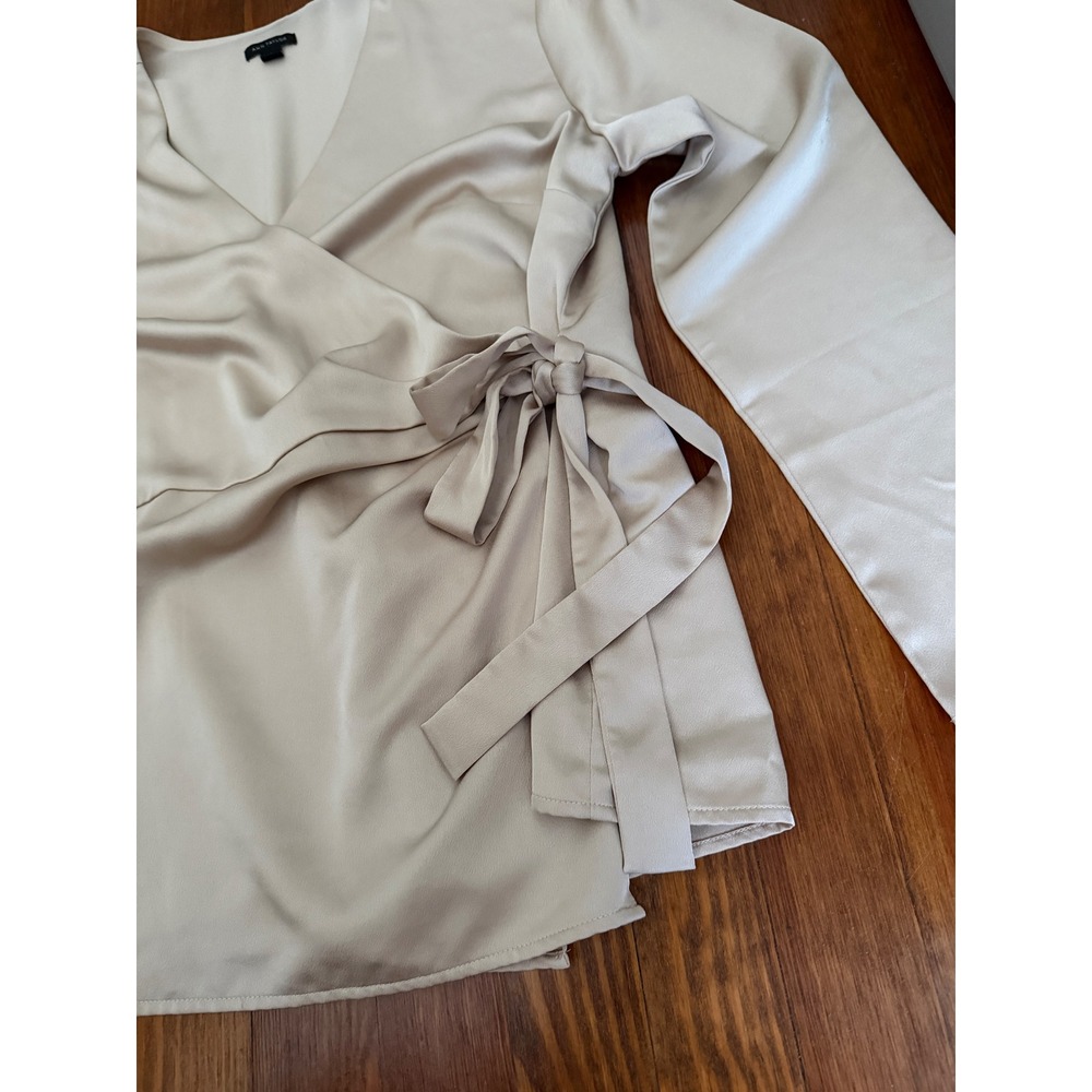 Ann Taylor Women Champagne Beige Satin Long Sleeve Side Tie Wrap Blouse Large - Picture 2 of 8